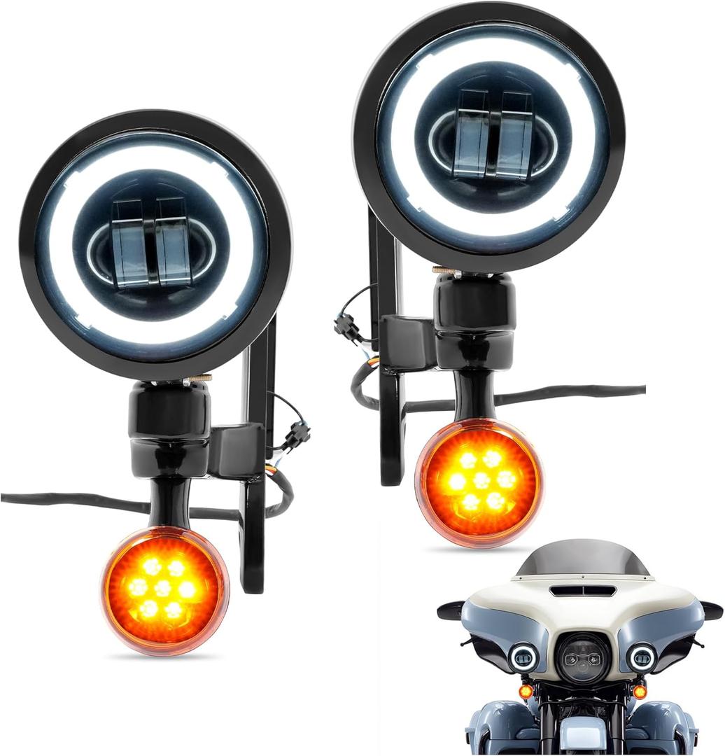 4.5" LED Spot Fog Light & LED Turn Signal Light & Fog Light Bracket Compatible with 1994-Up Harley Electra Glide Street Glide Road King FLHX FLHXXX Spotlight Lamp