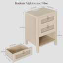 Rattan Night Stand with Drawers - Boho Nightstand with Charging Station, Bedside Table with Storage Shelf, Accent Side Table End Tables Living Room, Wood Nightstands for Bedroom, White Oak