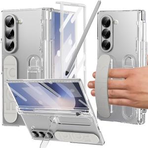 YQODSZ Samsung Galaxy Z Fold 6 Case with S Pen Holder & Slim Stylus, Kickstand Case with Hand Strap, Hinge Protection, Screen Protector, Raised Edge Protection, Clear