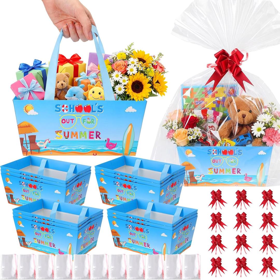 Moinchore 12 Set School's out for Summer Basket for Gifts Empty 9.8x6.5'' Happy Last Day of School Market Tray Cardboard with Bows, Cellophane Bags, Twist Tiles, Empty to Fill for Holiday Party Supply