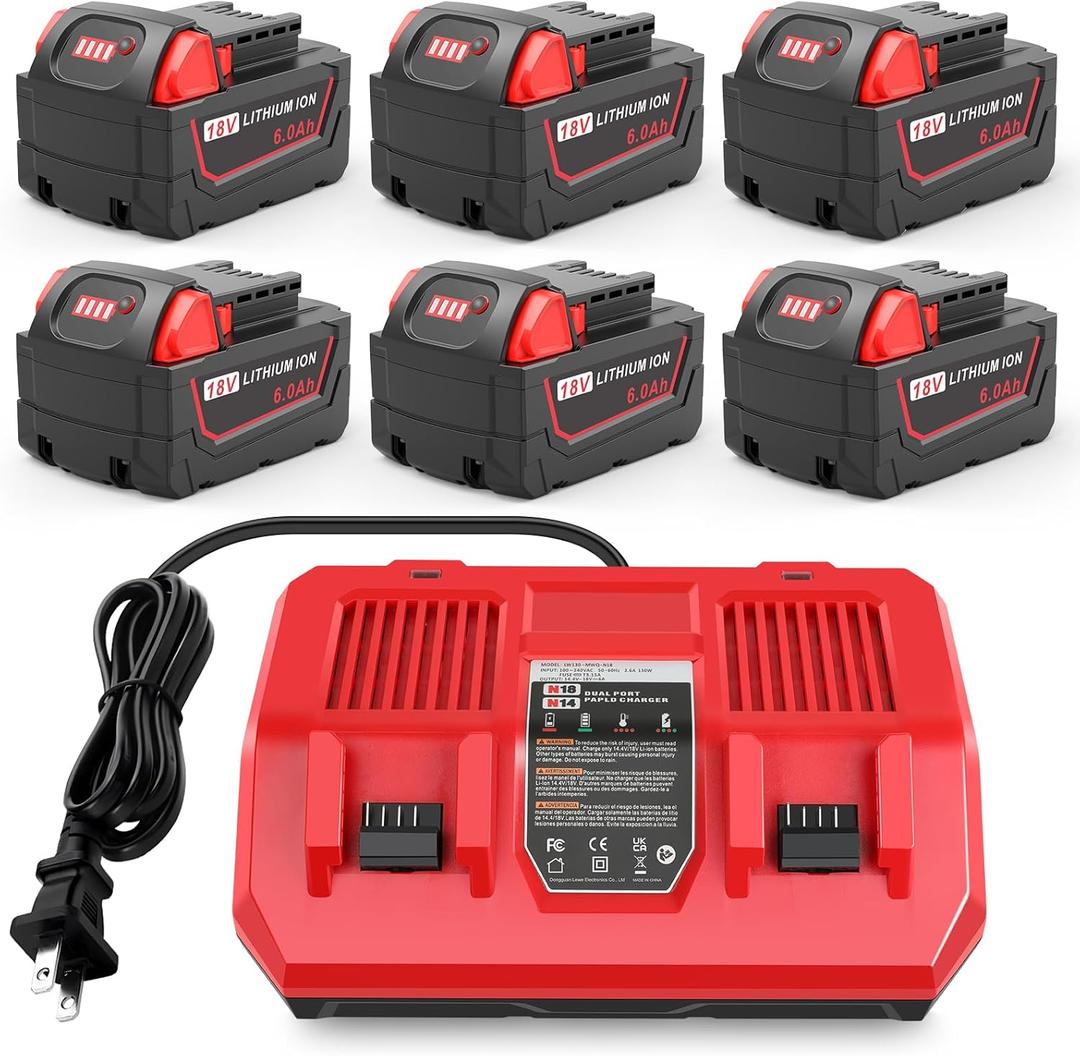 WECACHWE 6.0Ah High-Output Replacement for Milwaukee 18V Battery with Dual-Port Rapid Charger 4811-1862 4811-1852 4811-1840 4811-1830 4811-1811 4811-1815 4811-1820 4811-1841(6Battery+1Charger)