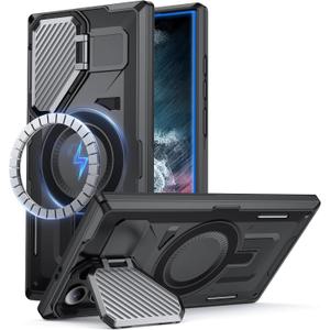 for Samsung Galaxy S22 Ultra/S23 Ultra Case with MagSafe[Built-in Camera Cover Stand][Military-Grade Shockproof][Dual Layer Protection]Heavy Duty Bumper for S22 Ultra/S23 Ultra Phone Case,Black