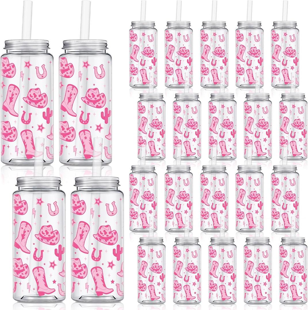 24 Pcs Western Cowgirl Cowboy Plastic Tumbler 14.2 oz Reusable Cups with Lids and Straws Beer Can Iced Coffee Cup for Preppy Party Decoration Women Cowgirl Gift(Pink)
