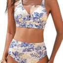 CUPSHE Women's Bikini Sets V Neck Keyhole Wide Adjustable Straps Bathing Suit High Rise Bottom Crisscross Back (Blue Floral, S)