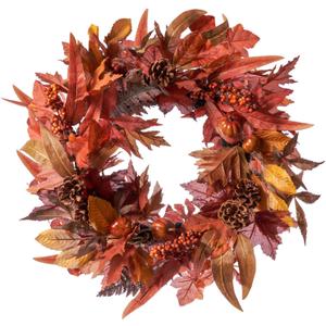 DN DECONATION 24 Inch Fall Wreaths for Front Door, Autumn Farmhouse Wreaths with Orange Pumpkins, Leaves, Pinecones & Berries for Indoor Outdoor Porch Home Wall Thanksgiving Harvest Festival Decor (Red & Brown)