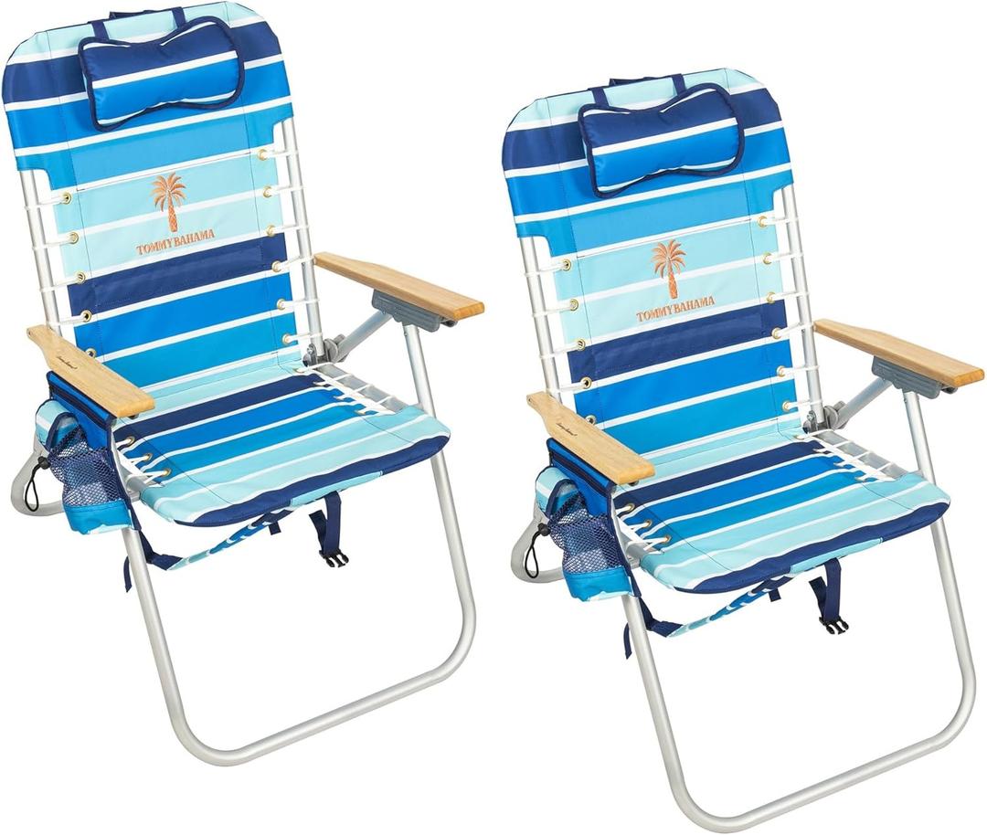 Tommy Bahama Hi-Boy 17" Seat Height 4-Position Lace-Up Suspension Folding Beach Backpack Chair, 2-Pack, Stripe