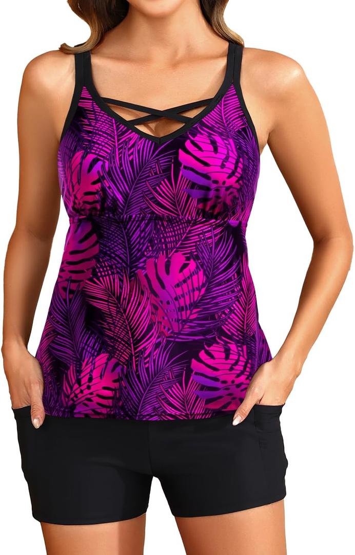 Tankini Two Piece with Shorts - Womens Tummy Control Swimsuit with Pockets Bathing Suit with V-Wire Boy Shorts Swimwear 2025 (X-Large, Purple Leaf 1)