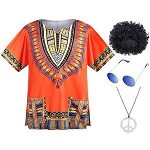 4 PCS Hippie Costume for Mens 60s 70s T-Shirt Afro Wig Accessories Set for Party Cosplay 2XL Orange