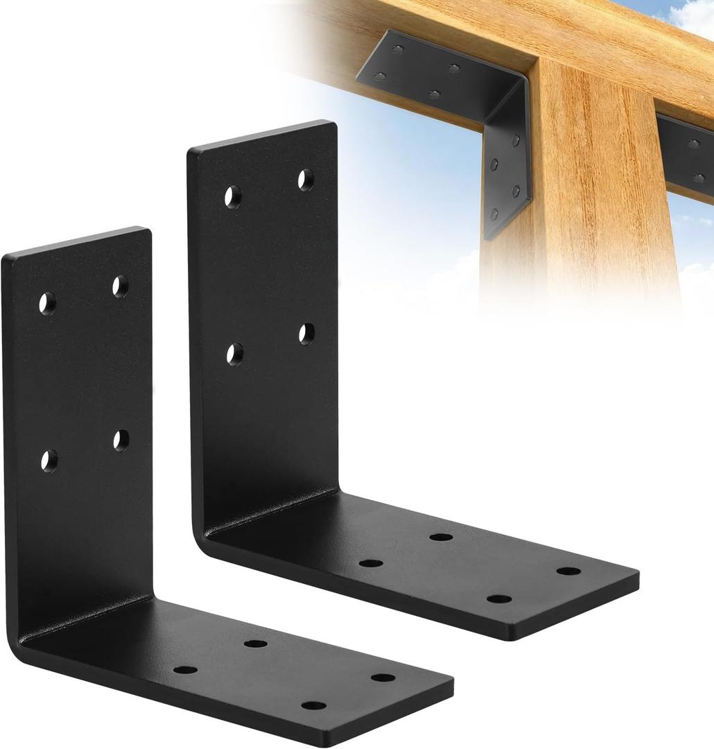 2-Pack Heavy Duty L Brackets 6x6x3 Inch , Extra Thick 5MM Solid Steel Right Angle Bracket for Wood Shelf, Furniture, DIY Craft, Fireplace Mantel, Post to Beam Connector, Black, Max Load 200lBS