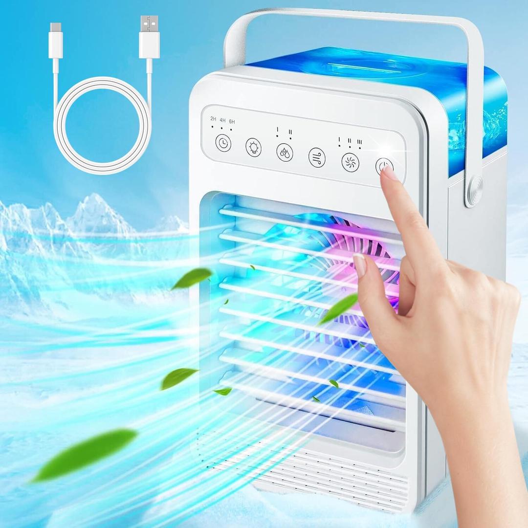 Portable Air Conditioners, Mini Air Conditioner Personal Evaporative Air Cooler with 4 Speeds 7 Colors, 600ML Portable Ac Unit Fan 2 Cool Mist Cooling Fan for Room Office Car (White)