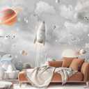 YQWDMX - Grey Cartoon Planet Nursery Wallpaper Mural Mural48 L 160" Wx112 H(Not Peel and Stick)