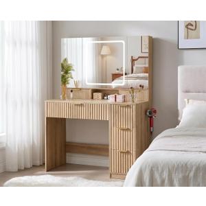 COMHOMA Vanity Desk with 3-Way Mirror and Lights, Makeup Vanity with 360° View Mirror, 3 Lighting Modes, 6 Drawers,Storage Cabinet Fluted Wood Vanity Table with Jewelry Hook for Women Girls
