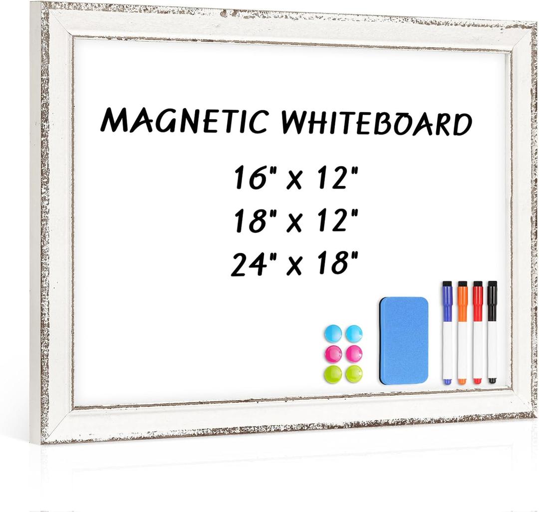 Magnetic White Board for Wall, 18" x 12", Rustic Whitewashed Wooden Frame