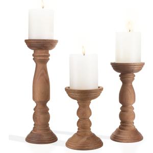 Farmhouse Wooden Candle Holders for Pillar Candles Set of 3, Rustic Wood Candle Holder Table Centerpiece Decor, 12'' 9'' 6'' Vintage Tall Candle Stand Decorative, Brown