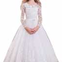 ABAO SISTER Flower Girl Dress Long Sleeve Lace Tulle Pageant Ball Gown First Communion Dress (White, 4-5Y)