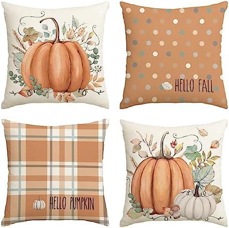 AVOIN colorlife Hello Fall Hello Pumpkin Throw Pillow Covers, 18 x 18 Inch Autumn Thanksgiving Harvest Orange Eucalyptus Decorations for Sofa Couch Set of 4