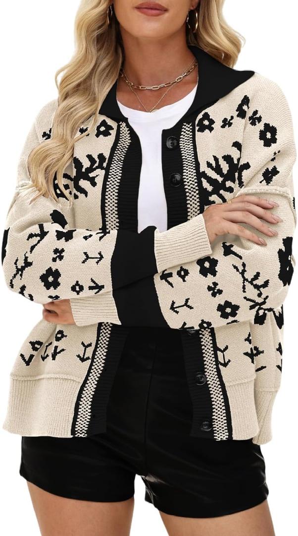 yoeasy Womens Floral Cardigan Sweater Color Block Open Front Long Sleeve Button Down Knit Loose Short Cardigan Sweaters (Blue, XS)