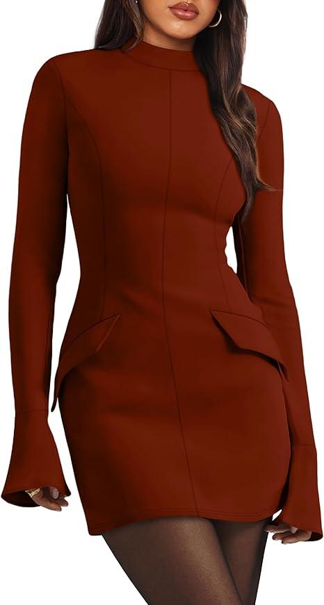 OFEEFAN Women's Fall Long Sleeve Mock Neck Dress Basic Party Club Bodycon Mini Dresses, Size: L