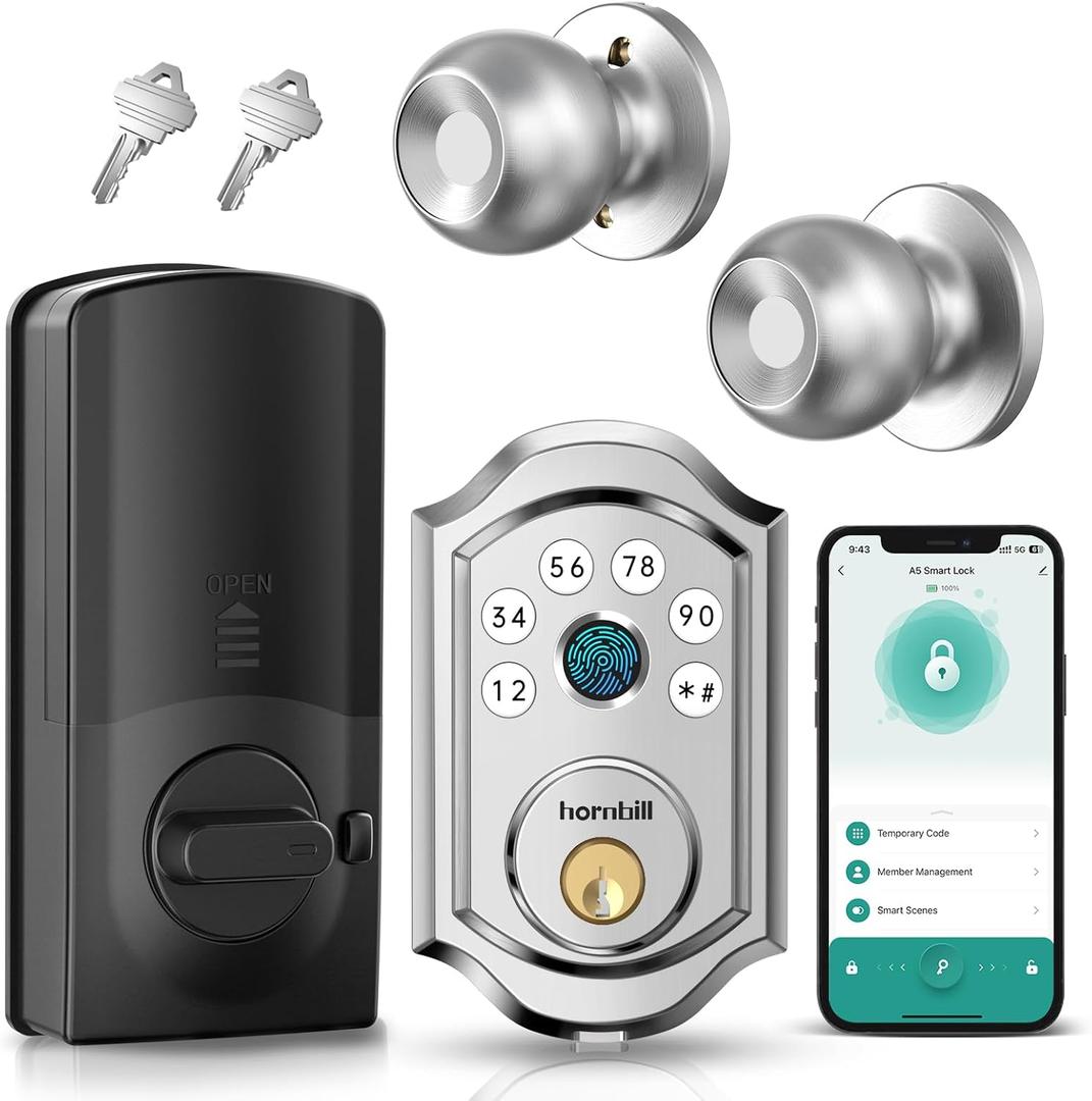Smart Deadbolt Door Lock Set: Silver Hornbill Keyless Entry Door Knobs with Fingerprint Electronic Digital Bluetooth Door Lock with Keypad Code App Alexa Auto Lock for House Apartment