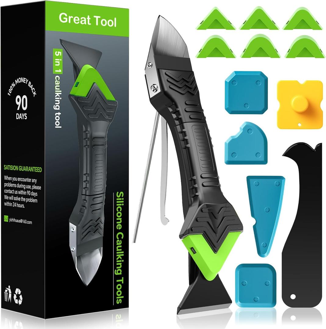 Caulking Tool 5 in 1 Silicone Caulking Grout Removal Sealant Finishing Tool with Grout Scraper, 6 Exchange Silicone Pads, Adhesive Residue Scraper Seam Repair Kit for Kitchen Bathroom (Green)