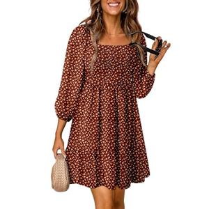 Dokotoo Fall Dresses for Women 2025 Beach Vacation Clothes Boho Smocked Square Neck 3/4 Sleeve Ruffle Bohemian Floral Printed Casual Empire Waist Mini Dress A-Line Short Dress Sundress Red Small