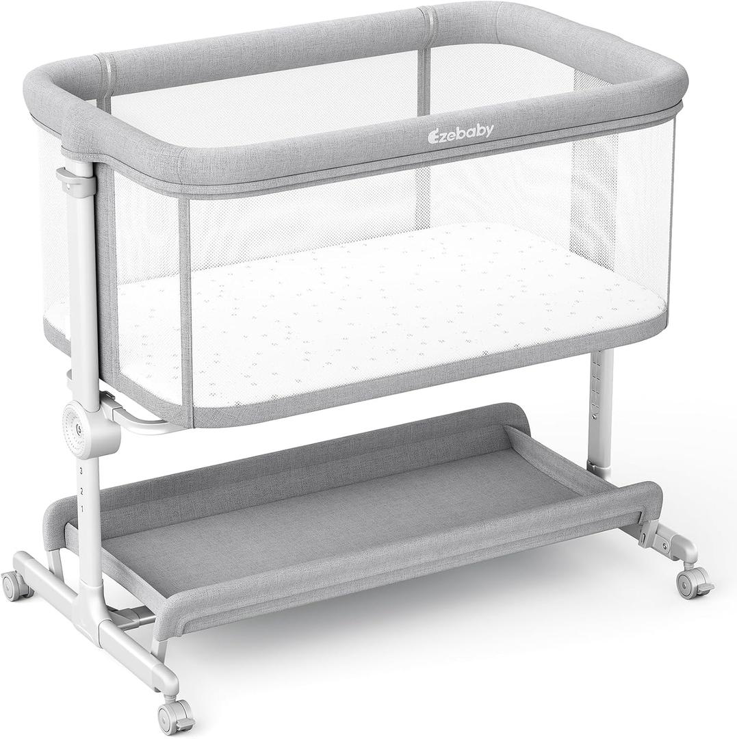 3-in-1 Baby Bassinet Bedside Sleeper with Wheels, 7 Height Settings 7 Height Adjustments, All-Mesh Sides, Mattress & Breathable Sheet, Bedside Crib with Lockable Wheels for Newborns, Gray