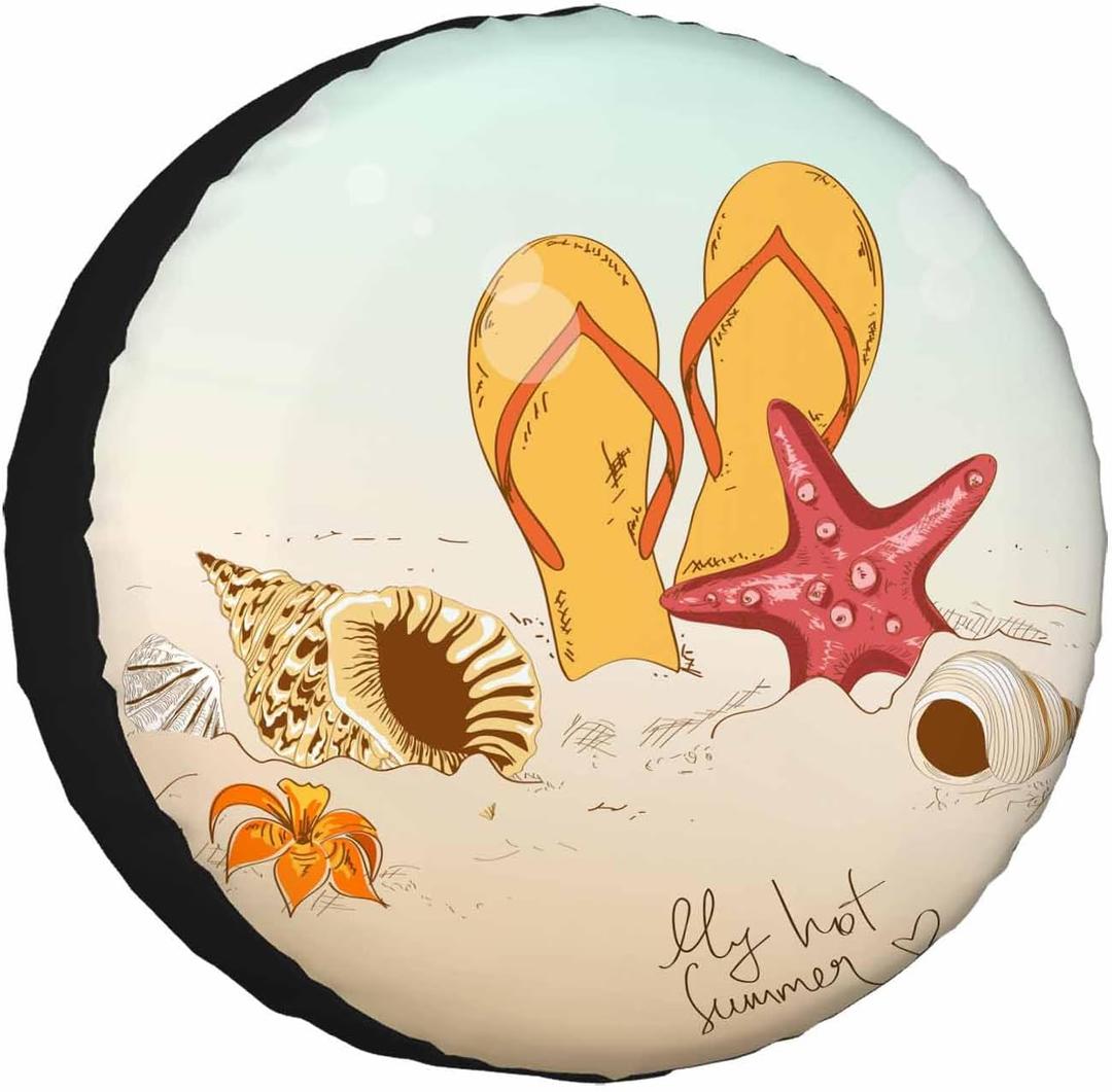 Summer Beach Spare Tire Cover Seashells Starfish and Flip Flops Wheel Covers for RV Tires Camper Tire Case Protectors for Trailer Rv SUV Truck Travel Trailer 15 in