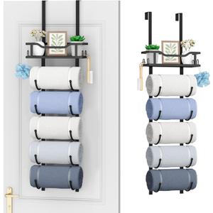 SWTYMIKI Over the Door Towel Rack - 6 Tier Towel Racks for Bathroom Wall Mounted, Towel Holder with Shelf, Hanging Rolled Towel Storage Organizer for Small Bathroom, Camper, RV, Black