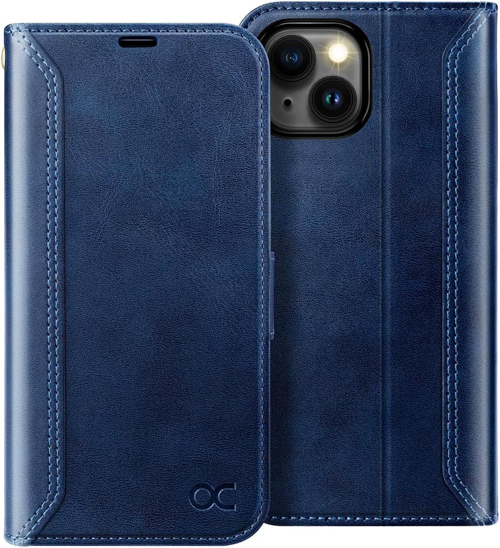OCASE Compatible with iPhone 15 Wallet Case, PU Leather Flip Folio Case with Card Holders RFID Blocking Kickstand [Shockproof TPU Inner Shell] Phone Cover 6.1 Inch 2023, Retro Blue