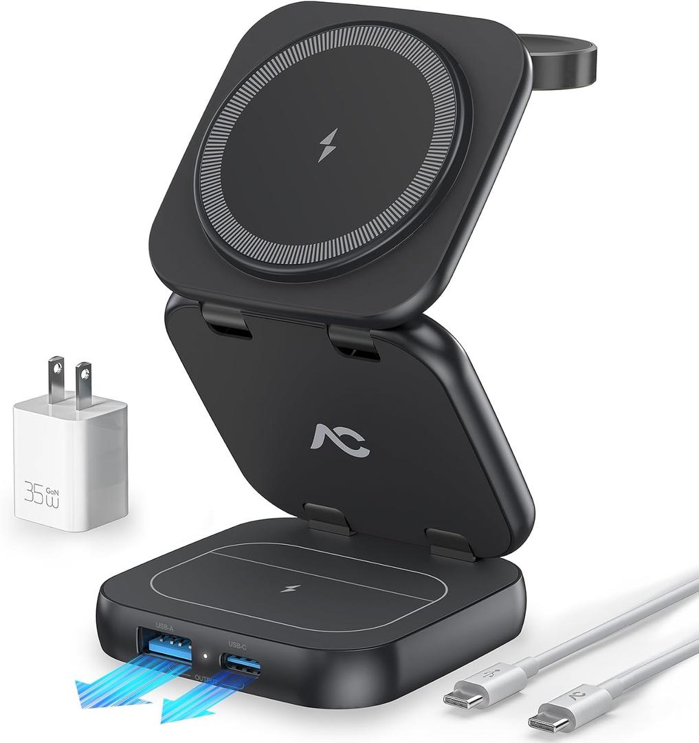 5-in-1 Wireless Charger for MagSafe, AC ISLAND Portable Travel Charging Station, 35W Max Qi2.2 Fast Foldable Magnetic Stand, Evolved for iPhone 17-12 Series, Apple Watch, AirPods (with 35W Adapter)
