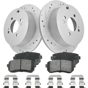 Rear Brake Pads & Rotors Kit Solid Compatible With Hyundai Accent 2006 2007 2008, Drilled Slotted Disc Brake Rotors Ceramic Brake Pads Geomet Coated, Replacement 10.3in(262mm) S-53113 P-1398