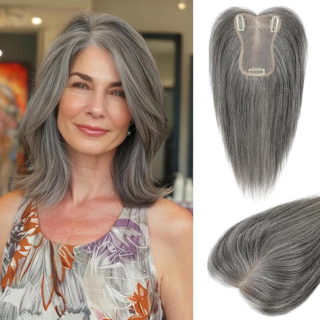 LONAI Real Human Hair Topper, 10 Inch 100 Human Hair Toppers for Thinning Hair, Large Hand-woven area Coverage Natural Hairpiece Wiglet for Women Daily 5"x3.5" Silk Base-Silver Gray With Brown Mixed