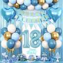 18th Birthday Decorations Blue White Gold,18th Birthday Balloons with Happy Birthday Banner Fringe Curtain Heart Foil Balloons for Boys Girls 18 Year Old Birthday Decor
