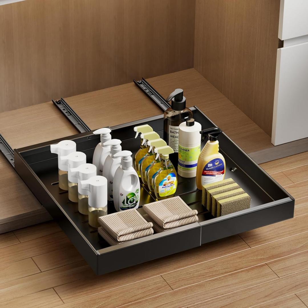 MUSTORN Expandable Pull Out Cabinet Organizer, 21"Deep Slide Out Drawer for Cabinets Adhesive Pull Out Drawers Heavy Duty Pull Out Shelves for Kitchen, Cupboard, Pantry, Bathroom(Black,1-Pack)