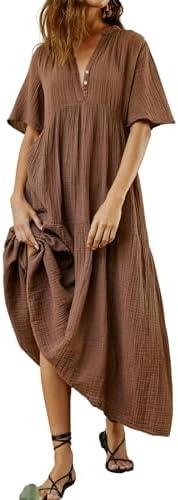 R.Vivimos Womens Summer Cotton Flowy Maxi Dress Short Sleeve V Neck Empire Waist Boho Tiered Ruffle Casual Loose Long Dresses S, Brown