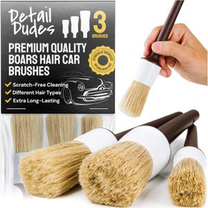 Soft Boars Hair Car Detailing Brush Set for Washing (3 Pack) - Car Detailing Kit - Automotive Cleaning Brush
