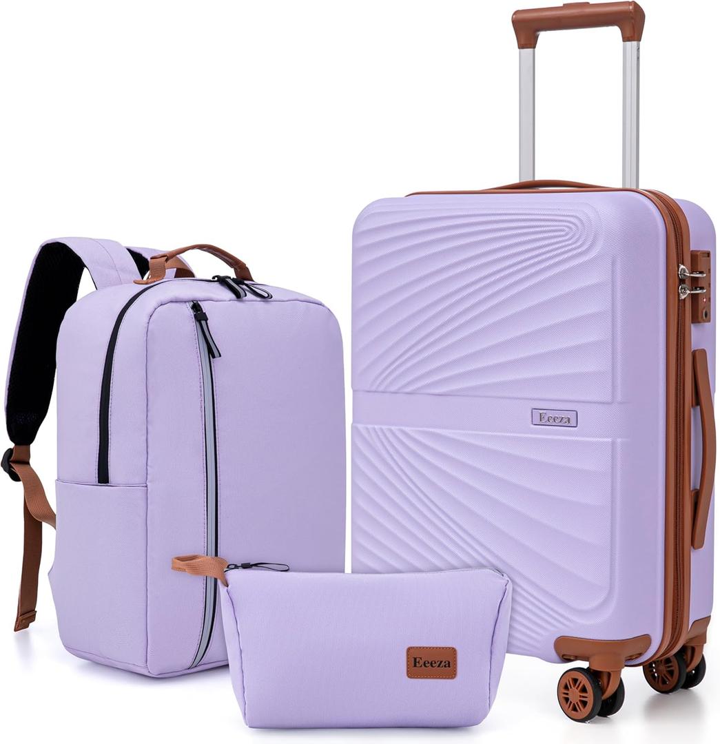 Carry On Luggage Set 22x14x9 Airline Approved Luggage Sets 3 Piece,Suitcases with Wheels,ABS Hard Case Luggage with TSA Lock Spinner Wheels(20 Inch,BP/TB) (Purple)