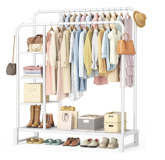Double Rods Clothes Rack Clothing Rack with 4 Tier Storage Shelves Clothes Rack for Hanging Clothes Multifunctional Heavy Duty Clothes Organizer with Hooks for Bedroom,Wardrobe Closet,Shop, White