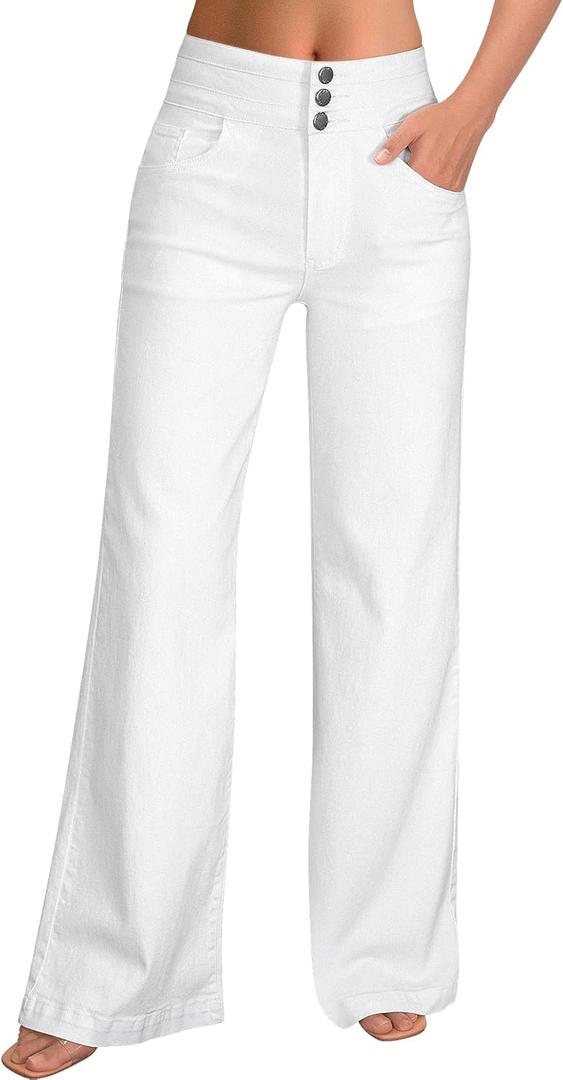 roswear Women's Wide Leg Jeans Casual High Waisted Stretch Baggy Loose Denim Pants (White, M)