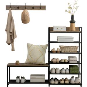 6-Tier Coat Rack Shoe Bench Set, Entryway Bench with 6 Hooks Coat Rack, Hall Tree and Shoe Storage for Entryway, Hallway, Garage, Bedroom (Vintage Grey)