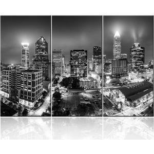 Canvas Print Wall Art Painting for Home Decor Black and White Charlotte Skyline Night Buildings Cityscape Coastline Paintings Artwork the Picture City Photo Prints On Canvas - 40‘’x20‘’x3 panels