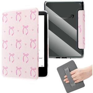 Pink Bows Clear Case Fits 6 Inch Kindle 11th Generation(2022/2024),6" Ultra Slim Book Cover with Hand Strap,Pink Protective Case Basic Kindle Accessories Auto Wake/Grip/Holder