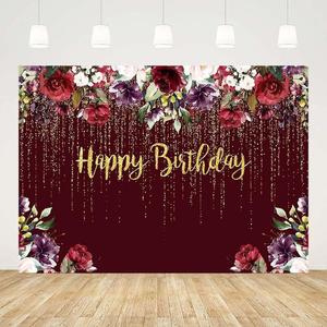 7x5ft Gold Happy Birthday Burgundy Backdrop Woman Girl Burgundy Red Purple Flowers Photo Background Dripping Beads Floral Party Decorations Cake Table Banner Supplies