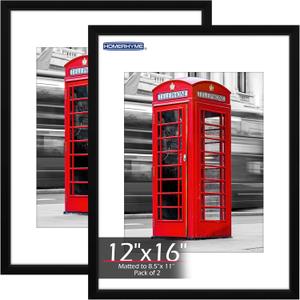 12x16 Picture Frame, 12 x 16 Black Frame with HD Plexiglass, Display Pictures 8.5x11 with Mat or 12x16 Without, Wall Hanging Photo Frame Poster Frames for Home Office Gallery Decor, 2 Pack