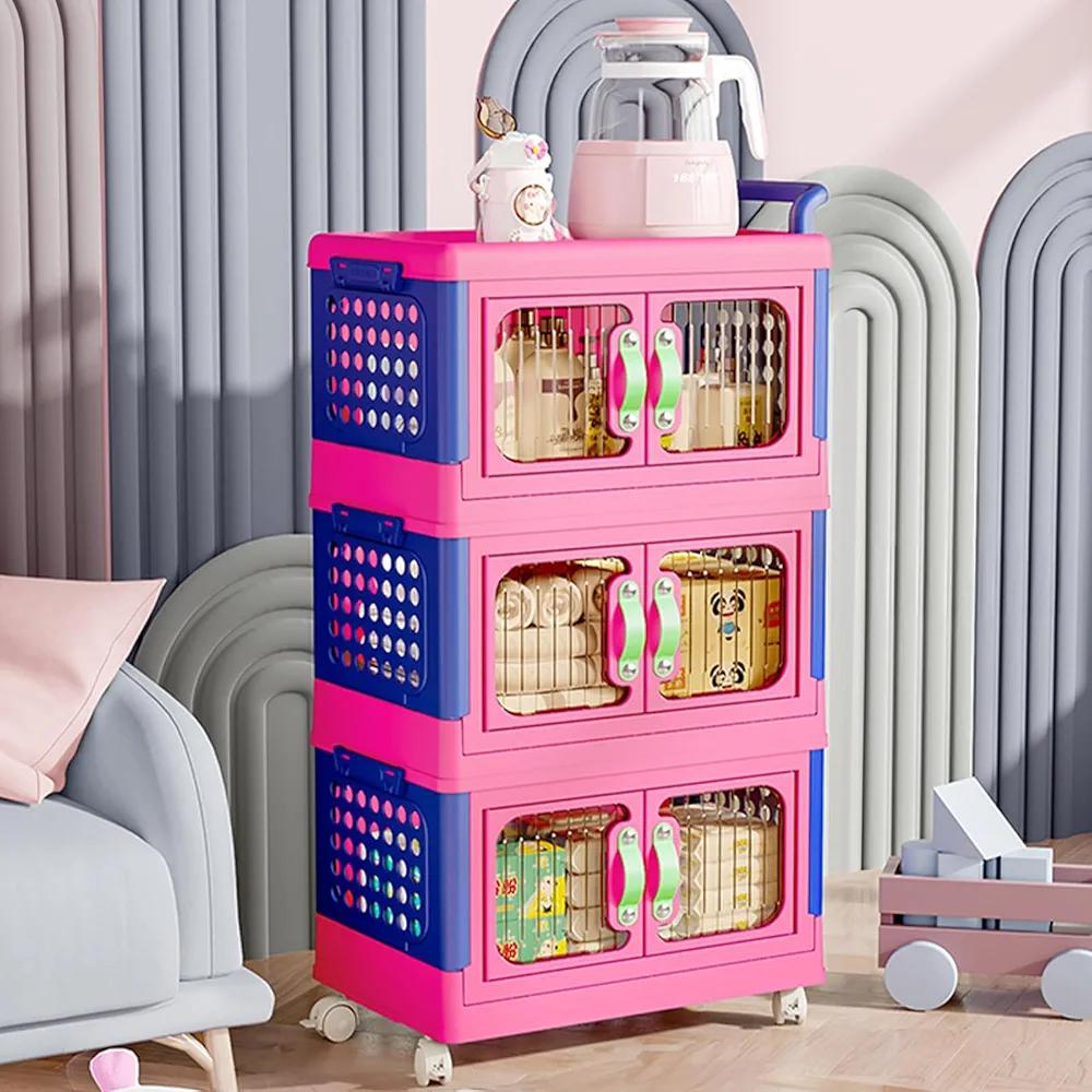 XCBYT Collapsible Storage Bins with Lids - 3 Pack Closet Organizers and Storage Collapsible Stackable Storage Bins, Plastic Foldable Box Storage Containers with Doors and Wheels for Hom Magenta-3 pack