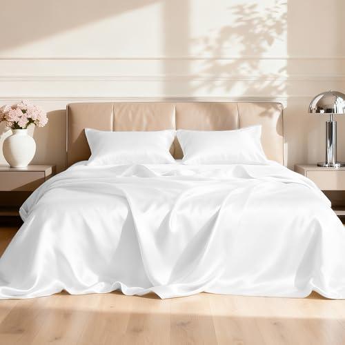 Love's cabin Satin Queen Sheets Set - 4 Piece White Silky Bed Sheets with Deep Pocket, Luxury Silk Feel Satin Queen Size Sheet Set (1 Flat Sheet,1 Fitted Sheet,2 Pillow Cases, White)