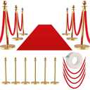 8Pcs Stanchions and Velvet Ropes with 15ft Red Carpet,Complete Crowd Control Barriers Set with 6 Red Velvet Ropes & Stainless Steel Posts for Party, Wedding, Event Supplies,Gold