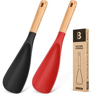 Cooking Spoon for Nonstick Cookwares, Great for Cooking and Serving Sturdy BPA-Free Matte Silicone, Wood Handle Spoon for Mixing, Scoop, and Scrape (Black & Red, 11.4 inch)