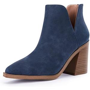 FISACE Womens Pointed Toe Stacked Mid Heel Ankle Boots V Cut Back Zipper Faux Leather Booties 7