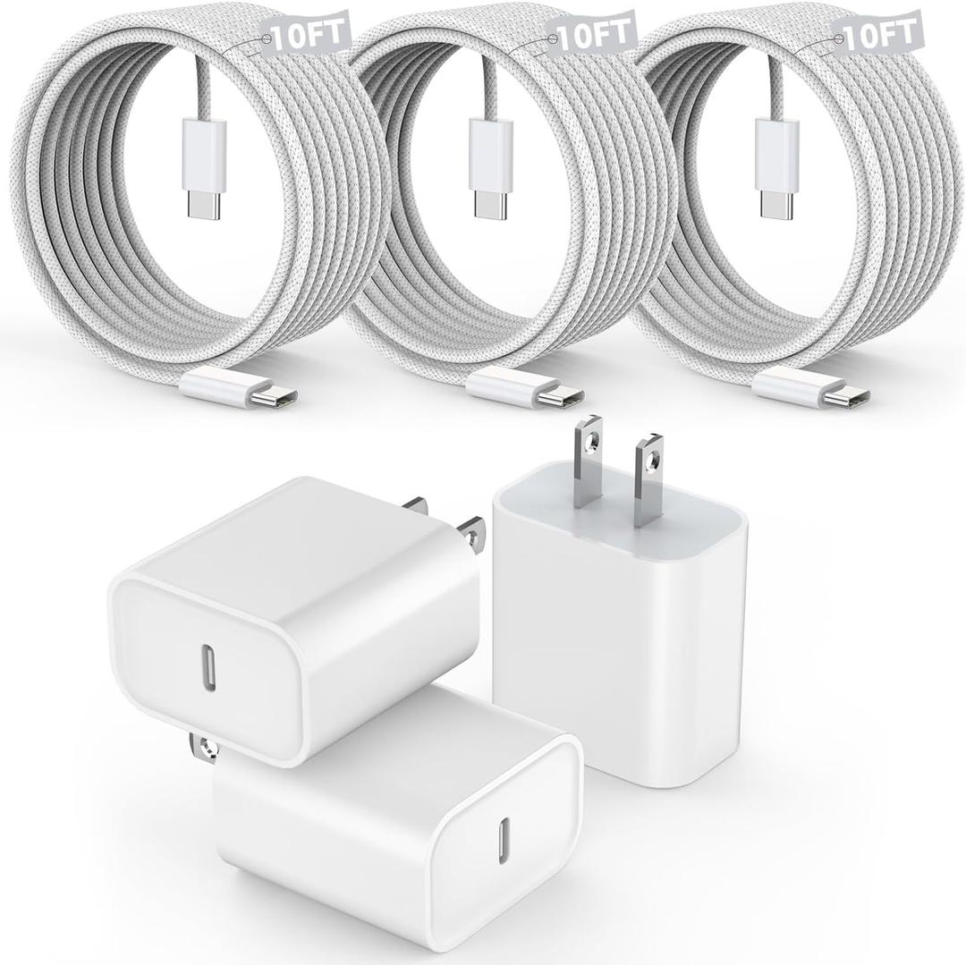[3 Pack]Long 10FT iPhone 17 16e 15 Charger 20W Fast Wall Charger Block,10Foot USB C to C Braided Woven Cable Fast Charging for iPhone 17 Air/17 Pro/16 Pro/16 Pro Max/16 Plus/15/15 Plus/15 Pro Max/iPad